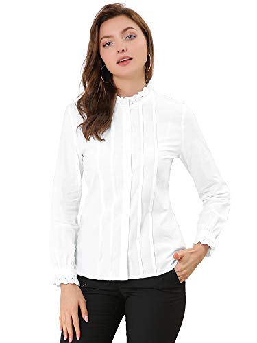 Allegra K Damen Mock Neck Lace Button Up Rüschen Elegant Arbeit Büro Langarm Hemd - Wei� - Groß von Allegra K