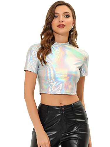 Allegra K Damen Kurzarm Stehkragen Party Club Einfarbig Wetlook Crop Top Silber S von Allegra K