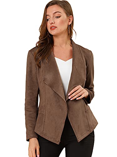 Allegra K Damen Moto Faux Wildleder Jacke Leichte Open Front Revers Drapierte Outwear Cardigan, hellbraun, 38 von Allegra K