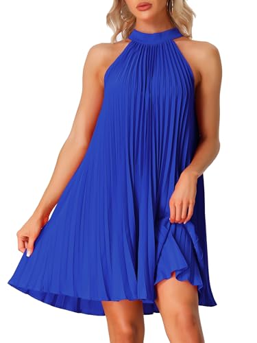 Allegra K Damen Neckholder Kleid Ärmellos Lässiges Sommer Einfarbig Flowy Plissee Strandkleid Blau S von Allegra K