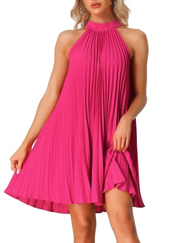 Allegra K Damen Neckholder Kleid Ärmellos Lässiges Sommer Einfarbig Flowy Plissee Strandkleid Pink M von Allegra K