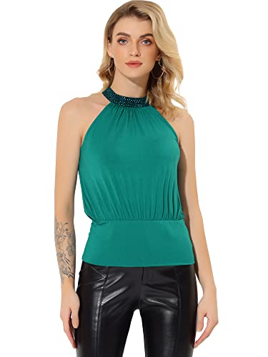 Allegra K Damen Neckholder Top Ärmellos Shirt Rüschen Party Bluse Festliches Pailletten Oberteil Seegrün M von Allegra K