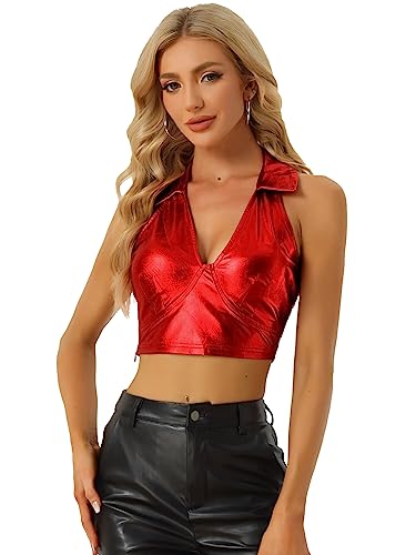 Allegra K Damen Neckholder Top Ärmellos Glitzer Metallic Oberteil Glänzende Party Crop Top rot L von Allegra K