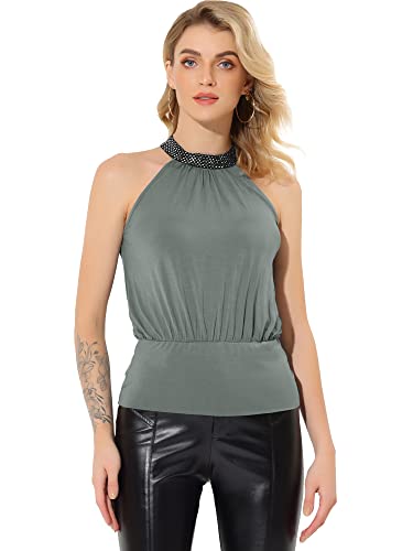 Allegra K Damen Neckholder Top Ärmellos Shirt Rüschen Party Bluse Festliches Pailletten Oberteil Dunkelgrau XS von Allegra K