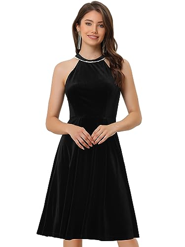 Allegra K Damen Neckholder Velvet Kleid Ärmellos Elegantes Samt Cocktailkleid Schwarz L von Allegra K