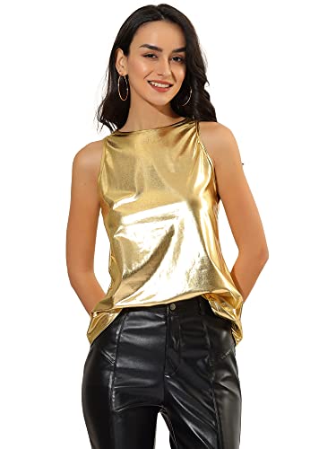 Allegra K Damen-Oberteil, Weihnachten, Kostümparty, glänzend, ärmellos, Camisole, Club, schimmernd, metallisches Tanktop, Goldfarben/glänzend, Large von Allegra K