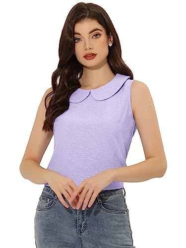 Allegra K Damen Oberteil Ärmellos Bubikragen Leicht Jacquard Blumen Top Bluse Lila M von Allegra K