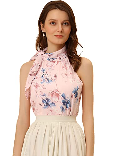 Allegra K Damen Oberteil Ärmellos Neckholder Tank Top Lässig Cami Schleife Blumen Top Bluse Rosa XS von Allegra K