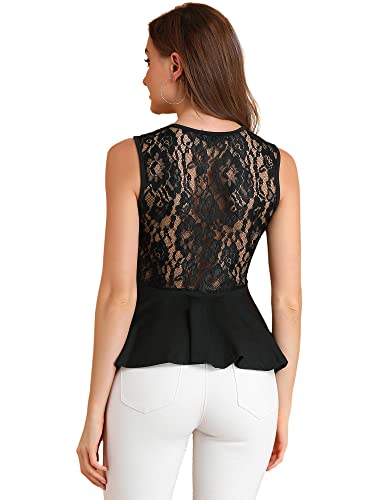 Allegra K Damen Oberteil Ärmellos Rundhals Panel Blumen Spitze Peplum Durchsichtig Top Bluse Schwarz XS von Allegra K