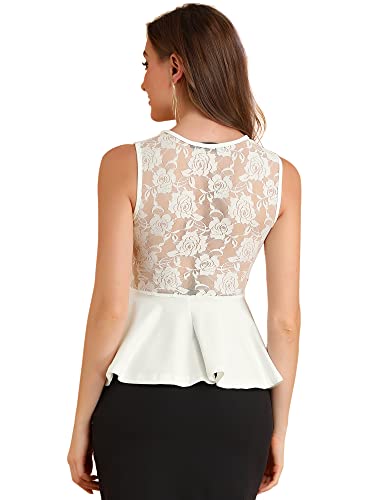 Allegra K Damen Oberteil Ärmellos Rundhals Panel Blumen Spitze Peplum Durchsichtig Top Bluse Weiß M von Allegra K