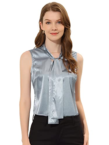 Allegra K Damen Oberteil Ärmellos Schleife Fest Satin Büro Arbeits Tops Bluse Grau L von Allegra K