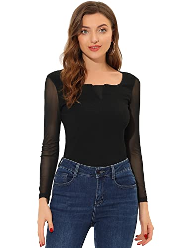 Allegra K Damen Oberteil Eckiger Ausschnitt Durchsichtiges Mesh Langarm Bluse Shirt Schwarz L von Allegra K