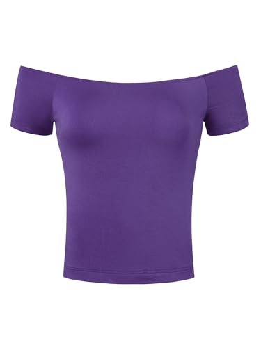Allegra K Damen Oberteil Kurzarm Slim Fit Schulterfrei Einfarbig Crop Kurz Top Bluse Violett S von Allegra K