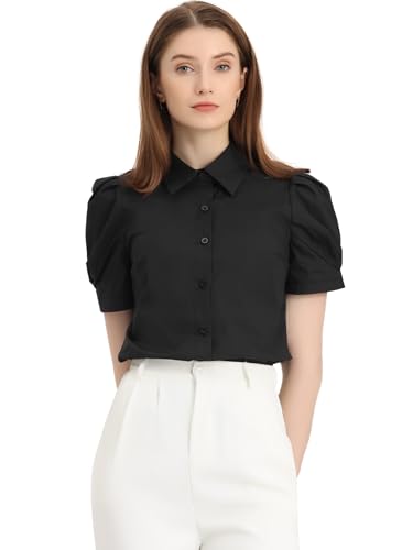 Allegra K Damen Sommerbluse Kurzarm Oberteil Umlegekragen Arbeit Puffärmel Elegant Top Shirt Schwarz L von Allegra K