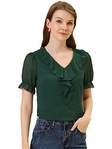 Allegra K Damen Oberteil Kurzarm V-Ausschnitt Rüschen Polka Dots Durchsichtig Chiffon Shirt Bluse Grün L von Allegra K