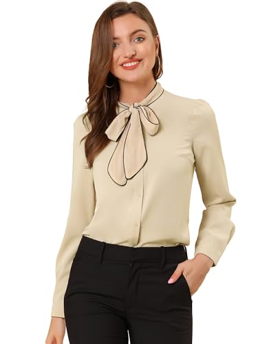 Allegra K Damen Oberteil Langarm Krawatten Ausschnitt Colorblock Business Top Bluse Shirt Aprikose M von Allegra K