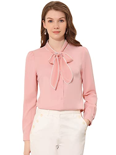 Allegra K Damen Oberteil Langarm Krawatten Ausschnitt Colorblock Business Top Bluse Shirt Rosa L von Allegra K