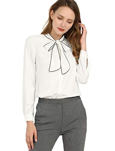 Allegra K Damen Oberteil Langarm Krawatten Ausschnitt Colorblock Business Top Bluse Shirt Weiß 3XL von Allegra K