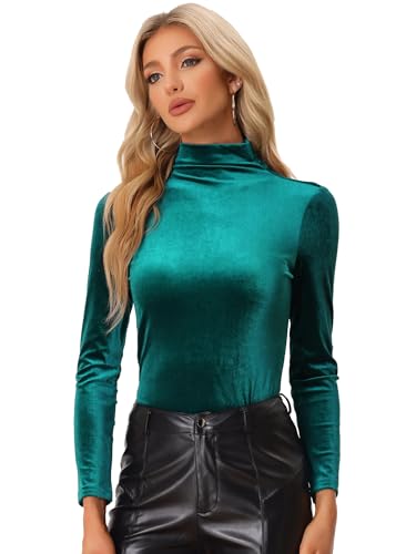 Allegra K Damen Velvet Oberteil Langarm Rollkragen Stretch Samt Basic Top Bluse Grün XL von Allegra K