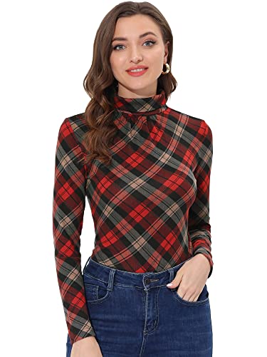 Allegra K Damen Pullover Langarm Rollkragen Slim Fit Herbst Winter Kariert Top Bluse Oberteil Rot Schwarz M von Allegra K