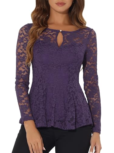 Allegra K Damen Oberteil Langarm Rundhals Durchsichtig Spitze Schößchen Blumen Elegant Shirt Bluse Lila L von Allegra K