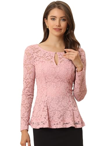 Allegra K Damen Oberteil Langarm Rundhals Durchsichtig Spitze Schößchen Blumen Elegant Shirt Bluse Rosa S von Allegra K