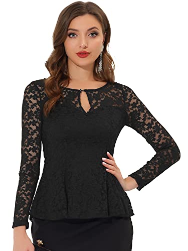 Allegra K Damen Oberteil Langarm Rundhals Durchsichtig Spitze Schößchen Blumen Elegant Shirt Bluse Schwarz S von Allegra K