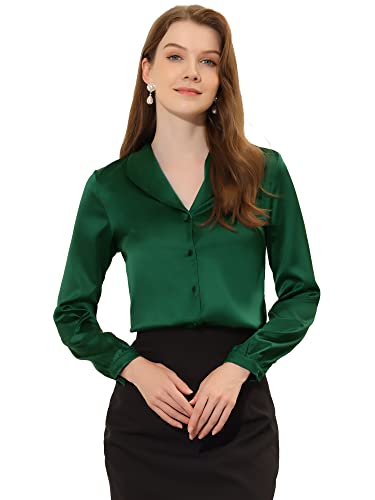 Allegra K Damen Oberteil Langarm V-Ausschnitt Arbeit Knopfleiste Satin Elegant Shirt Bluse Grün S von Allegra K