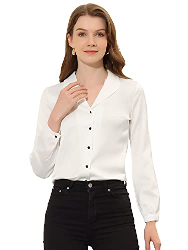 Allegra K Damen Oberteil Langarm V-Ausschnitt Arbeit Knopfleiste Satin Elegant Shirt Bluse Weiß L von Allegra K