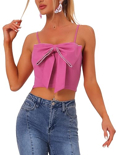 Allegra K Damen Oberteil Spaghetti Straps Bow Knot Party Schulterfrei Crop Cami Tanktop Fuchsie M von Allegra K