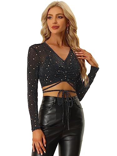 Allegra K Damen Oberteile Langarm Party Durchsichtig Schimmernd Kordelzug Netzbluse Bluse Schwarz XL von Allegra K