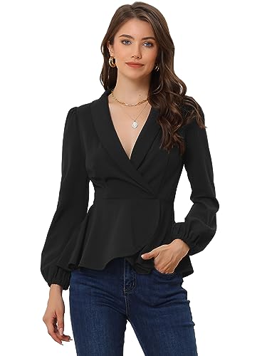 Allegra K Damen Oberteile Schößchen Lang Laternen Ärmel Elegant Wickelbluse V-Ausschnitt Bürobluse Schwarz M von Allegra K