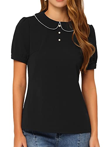 Allegra K Damen Oberteile Sommer Bubikragen Bluse Kurzarm Knopfleiste Elegant Top Schwarz XS von Allegra K