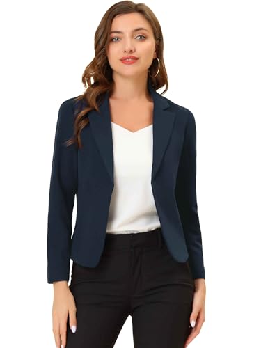 Allegra K Damen Offene Front Büro Arbeit Business Casual Crop Anzug Blazer Jacke, Dunkelblau-einfarbig, M von Allegra K