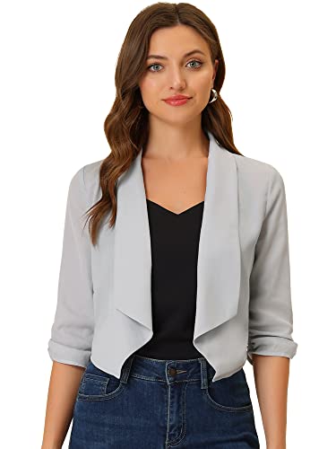 Allegra K Damen Open Front 3/4 Ruched Sleeve Cardigan Schal Revers Bolero Shrug, grau, 34 von Allegra K