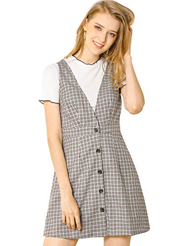 Allegra K Damen Overalls Strapse V Ausschnitt Plaid Hahnentritt Latzkleid, Weiß, Large von Allegra K