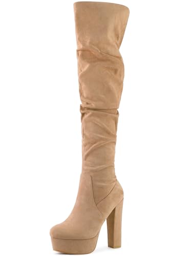 Allegra K Damen-Overknee-Stiefel mit Plateausohle, runder Zehenpartie und Reißverschluss, lockerer, klobiger Absatz Khaki 41 von Allegra K