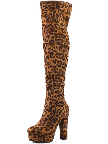 Allegra K Damen-Overknee-Stiefel mit Plateausohle, runder Zehenpartie und Reißverschluss, lockerer, klobiger Absatz Leopard 38 von Allegra K