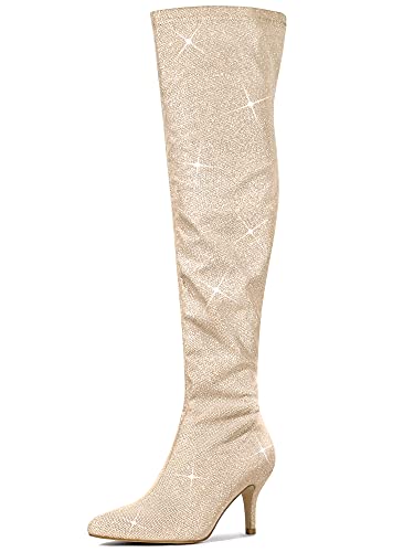 Allegra K Damen Overknee Stiefel mit glitzernden spitzen Zehen und Stilettoabsatz Gold 38.5 von Allegra K