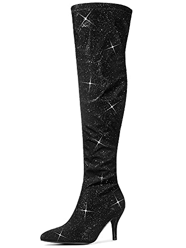 Allegra K Damen Overknee Stiefel mit glitzernden spitzen Zehen und Stilettoabsatz Schwarz 38.5 von Allegra K