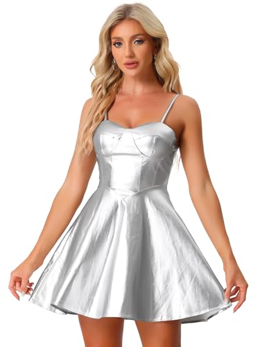 Allegra K Damen PU-Kleid Spaghetti Träger Herzförmiger Ausschnitt A-Linie Minikleid Silber S von Allegra K