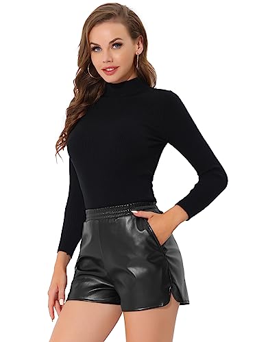 Allegra K Damen PU-Kunstleder Elastische Taillentaschen Lässig Shorts Hose Schwarz L von Allegra K