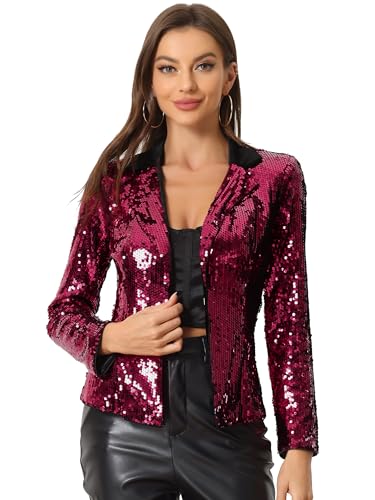 Allegra K Damen Pailletten Blazer Paillettenjacke Kontrastkragen Glitzer Metallic Jacke Schwarz Rosenrot M von Allegra K