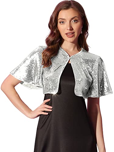 Allegra K Damen Bolero Pailletten Glitzer Shrug Party Crop Jacke Silber M von Allegra K