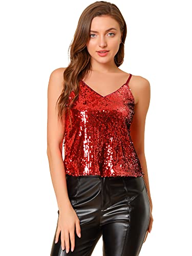 Allegra K Damen Pailletten Glänzend Camisole Club Party Sparkle Cami Top, rot, Mittel von Allegra K