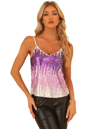 Allegra K Damen Pailletten Glänzendes Camisole Club Party Glitzer Disco Sparkle Cami Top, Hellviolett/silberfarben, X-Klein von Allegra K