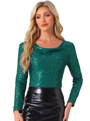 Allegra K Damen Pailletten Glitzer Tops Wasserfallausschnitt Langarm Sparkle Clubwear Bluse Dunkelgrün M von Allegra K