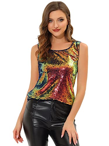Allegra K Damen Pailletten Oberteil Ärmellos Rundhals Glitzer Metallic Glänzend Party Sparkle Tanktop Bluse Meerjungfrau S von Allegra K