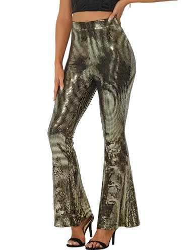 Allegra K Damen Pailletten Hose Glitzernde Stretch Lang Schlag Hose Gold M von Allegra K