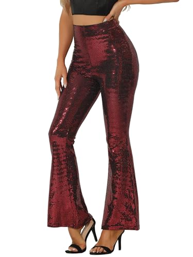 Allegra K Damen Pailletten Hose Glitzernde Stretch Lang Schlag Hose Rot M von Allegra K